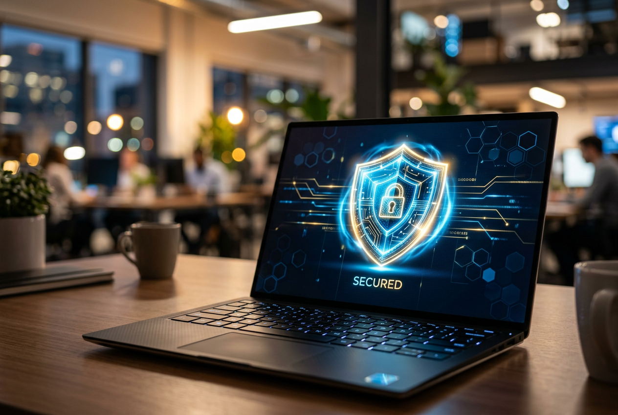 Digital security shield on a laptop screen