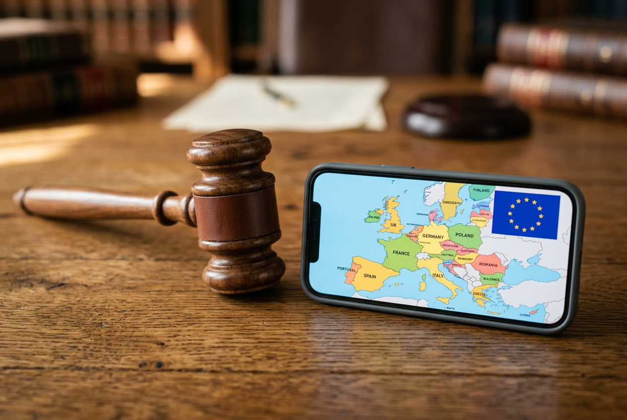 European Union symbols and a gavel representing gaming laws