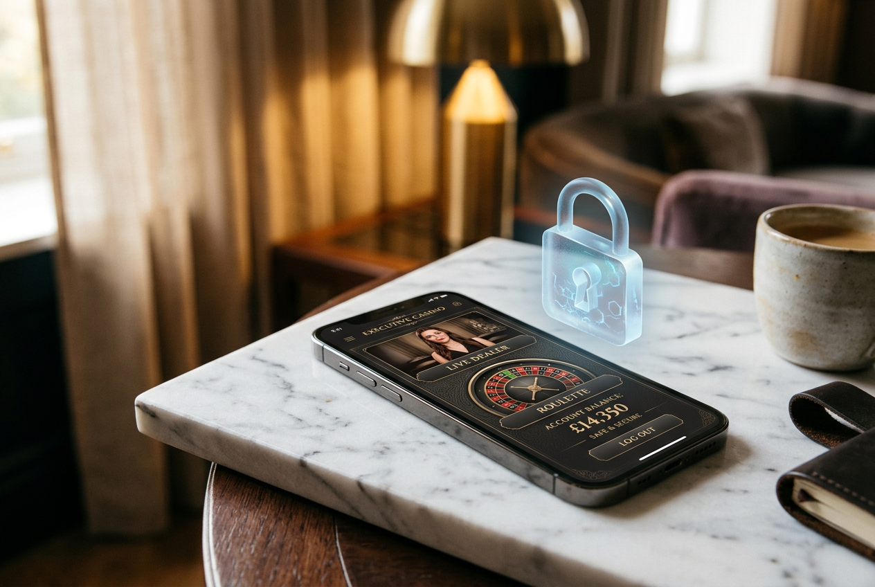 A high-end smartphone displaying a casino interface with privacy symbols on a marble surface.